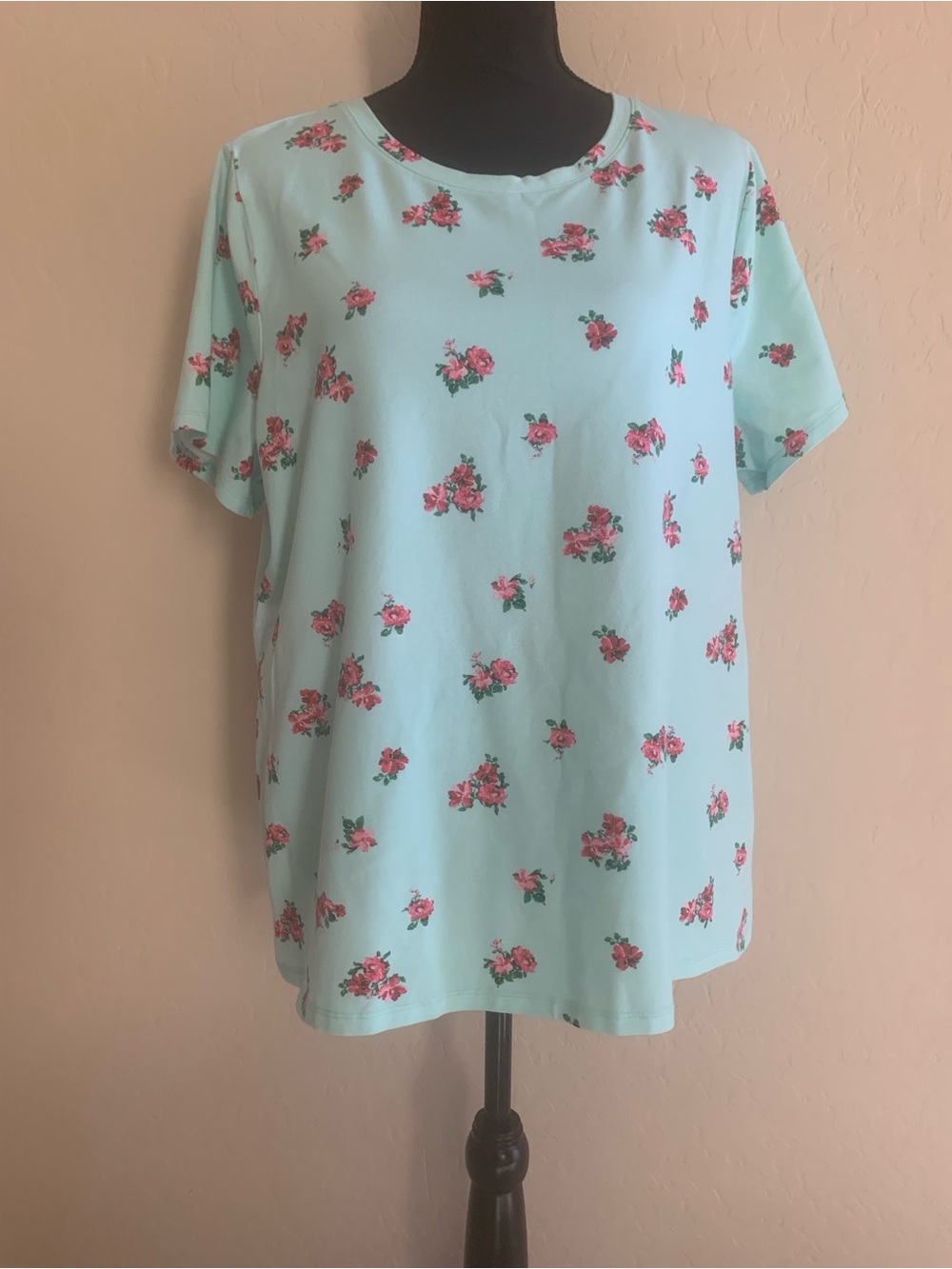 Floral Print Short Sleeve Top - Mint with Pink Roses Size XL New!
